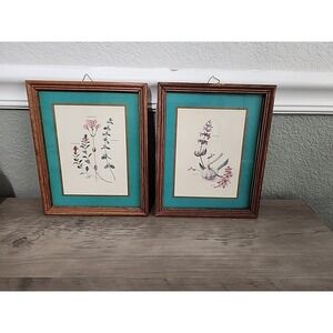 2 Antique Small Framed Botanical Print Hand Colored Garlic Melissa Allium Salvia